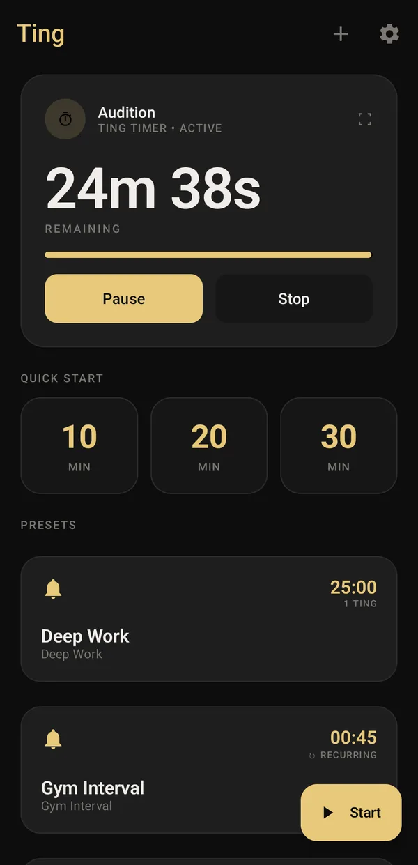 Ting home with the Audition timer active on top, 24 minutes 38 seconds remaining