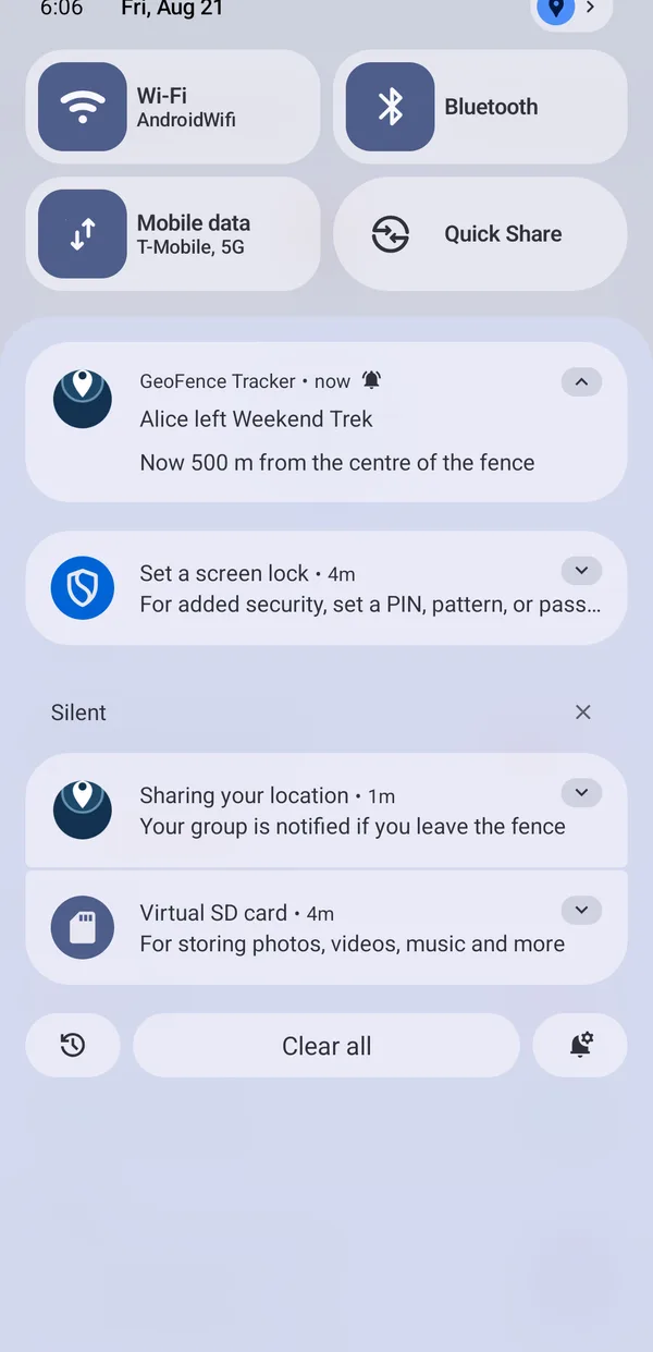 Notification on a second phone: Alice left Weekend Trek, now 500 m from the centre of the fence