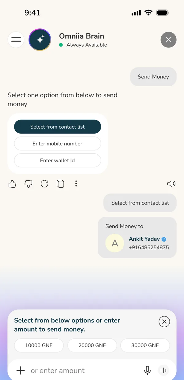 Omniia Brain chat sending money: pick from contacts, enter a number or a wallet ID