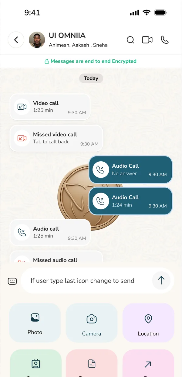 Group chat marked end-to-end encrypted, with call history and an attach menu including Pay
