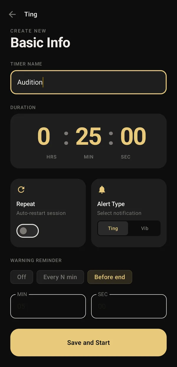 Create timer screen named Audition, 25 minutes, with a Before end warning reminder