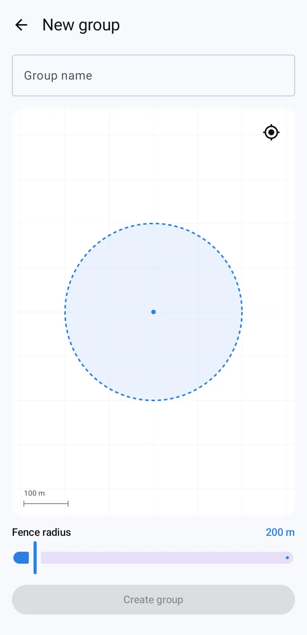 New group screen with a fence on the map and a radius slider at 200 m