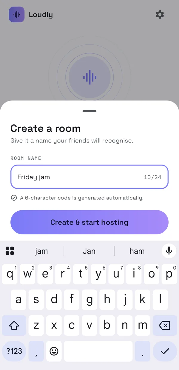 Create a room sheet with the name Friday jam and a Create and start hosting button