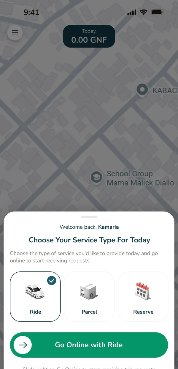 Driver app: choose ride, parcel or reserve and go online
