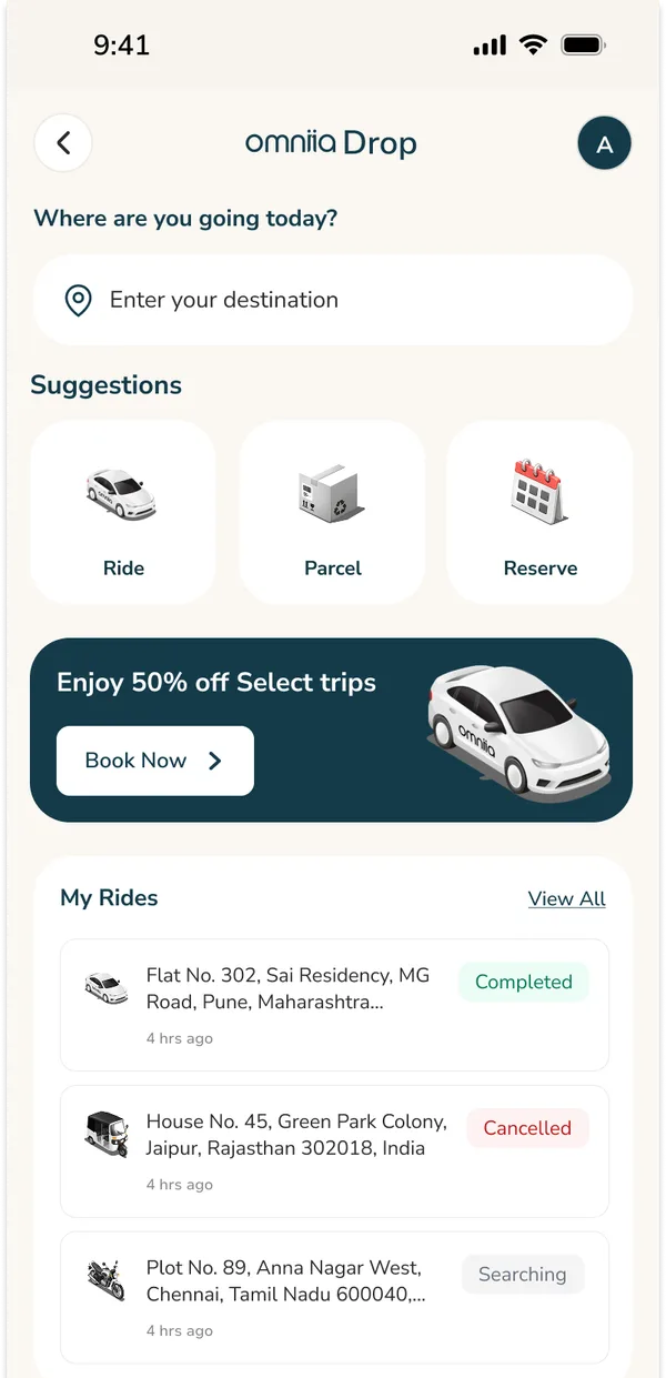 Omniia Drop with ride, parcel and reserve options and recent rides