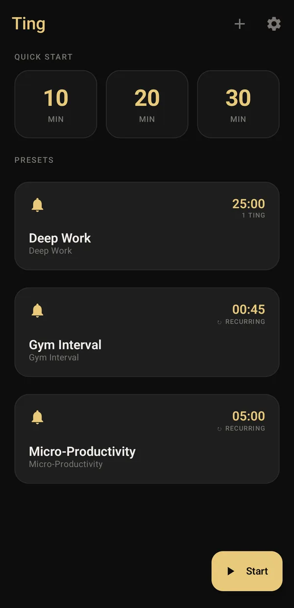 Ting home with 10, 20 and 30 minute quick starts and Deep Work, Gym Interval and Micro-Productivity presets