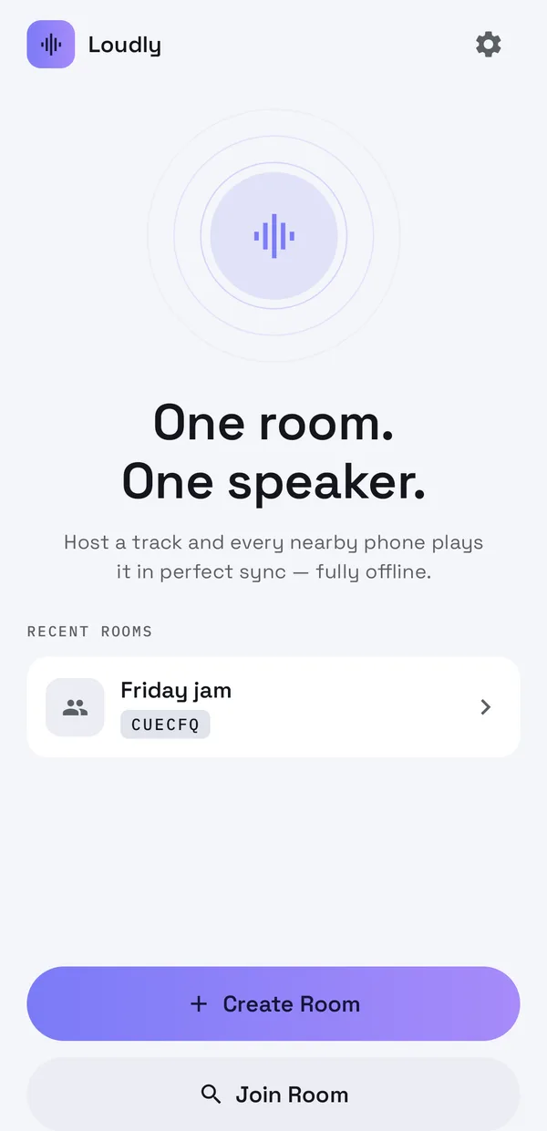 Loudly home: one room, one speaker, with Create Room and Join Room buttons