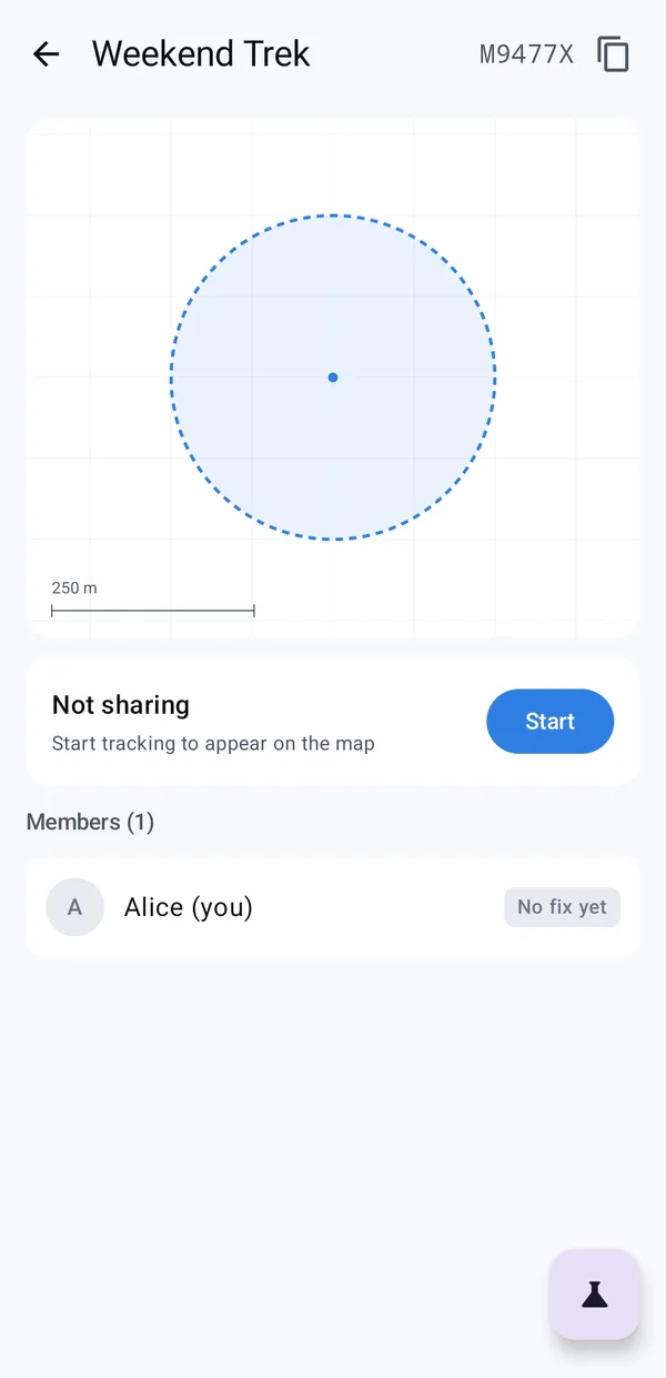 Weekend Trek group with the join code M9477X, the fence and a Start sharing button