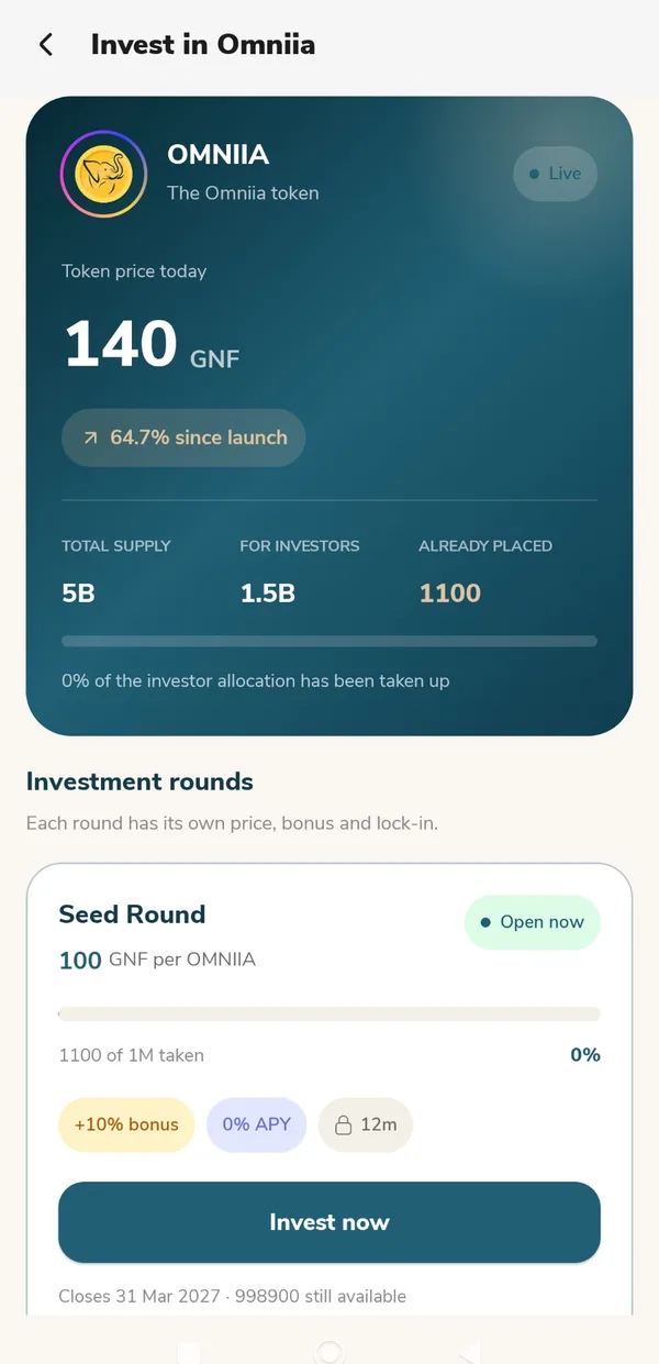 Invest in Omniia: the OMNIIA token at 140 GNF, supply figures and an open Seed Round with an Invest now button