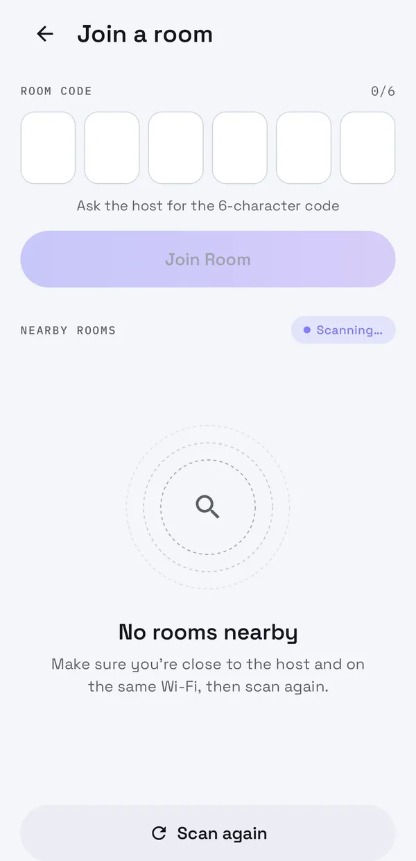 Join a room screen with six code boxes and a nearby-rooms scanner, no rooms found yet