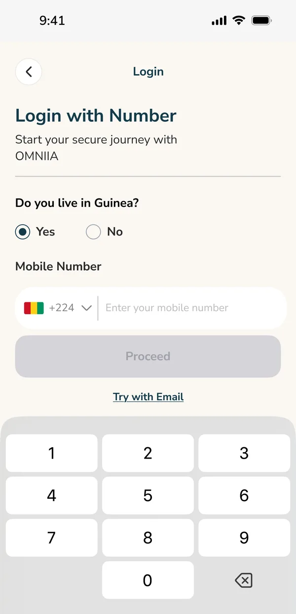 Login screen asking whether you live in Guinea, with a +224 mobile number field