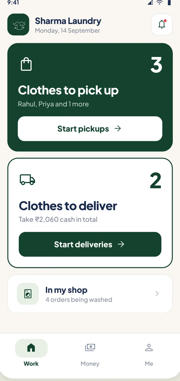 Partner app home with clothes to pick up and deliver