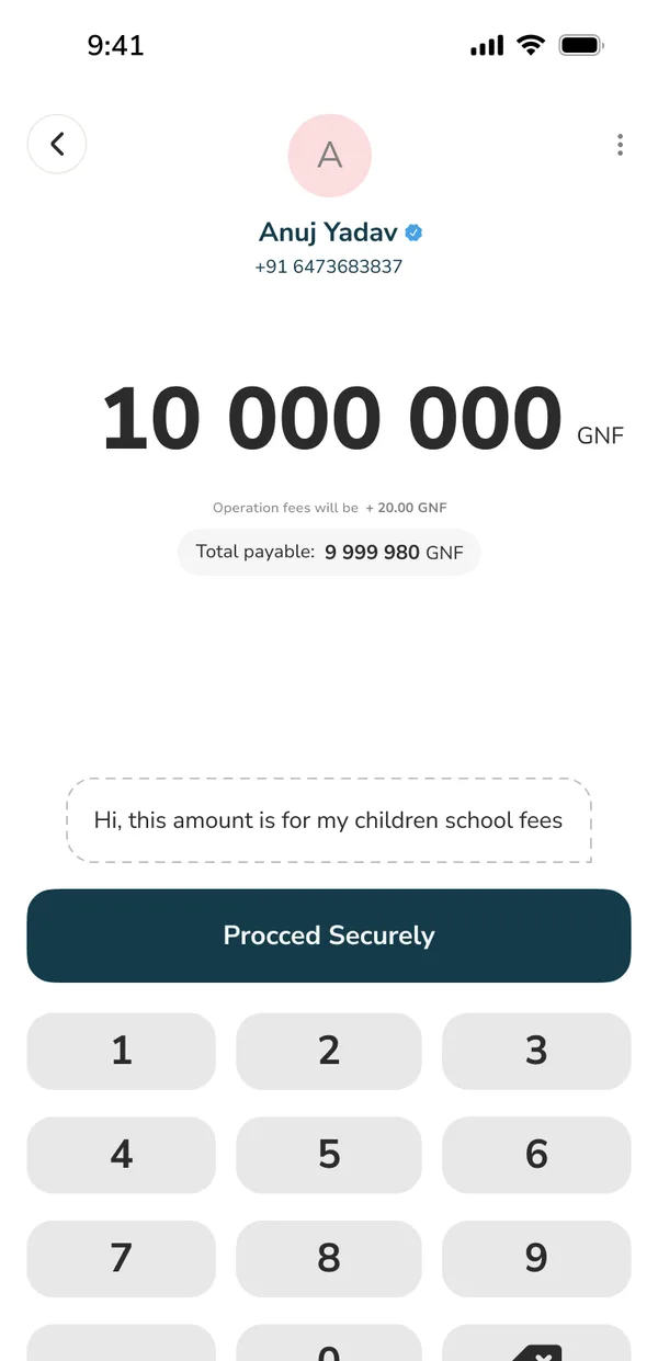 Payment to Anuj Yadav of 10,000,000 GNF with the note: for my children's school fees