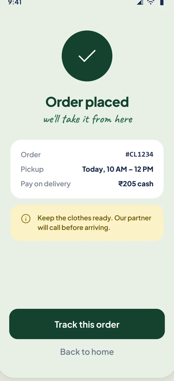 Order placed confirmation with pickup time and cash to pay