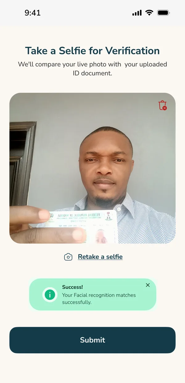 Selfie verification with the message: your facial recognition matches