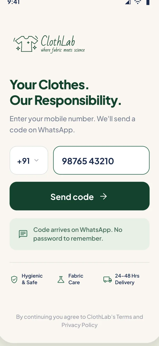 Sign-in screen with a mobile number and a Send code button