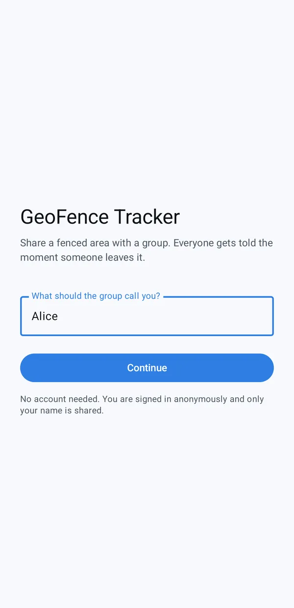 GeoFence Tracker sign-in asking what the group should call you