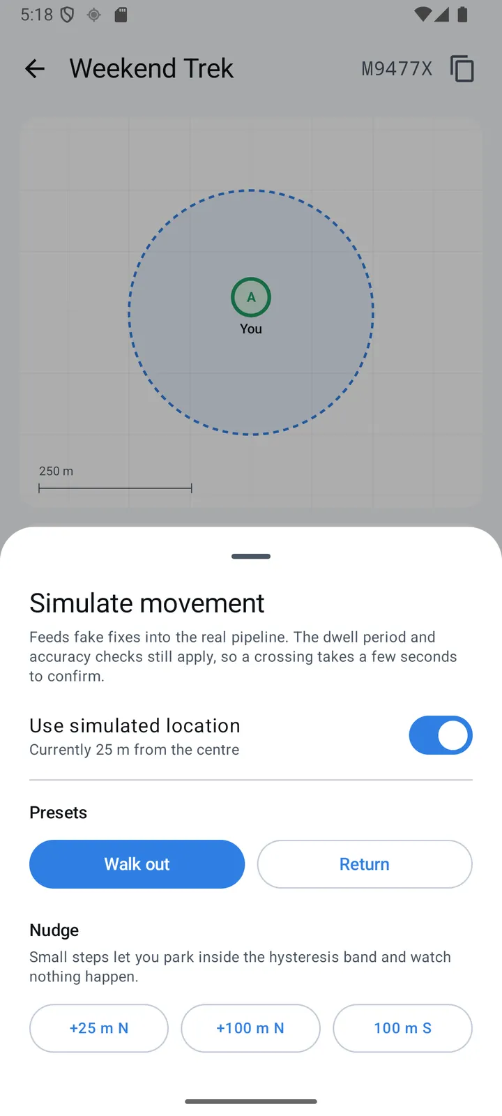 Simulate movement sheet with Walk out and Return presets and +25 m nudges