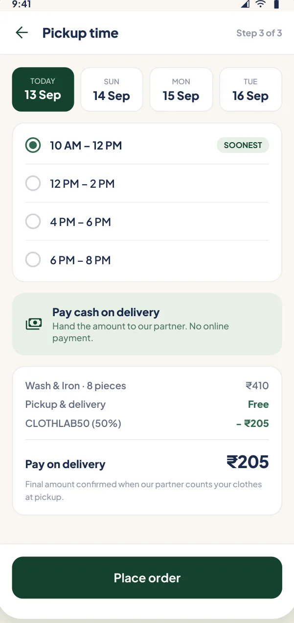 Pickup time slots with cash on delivery and the bill