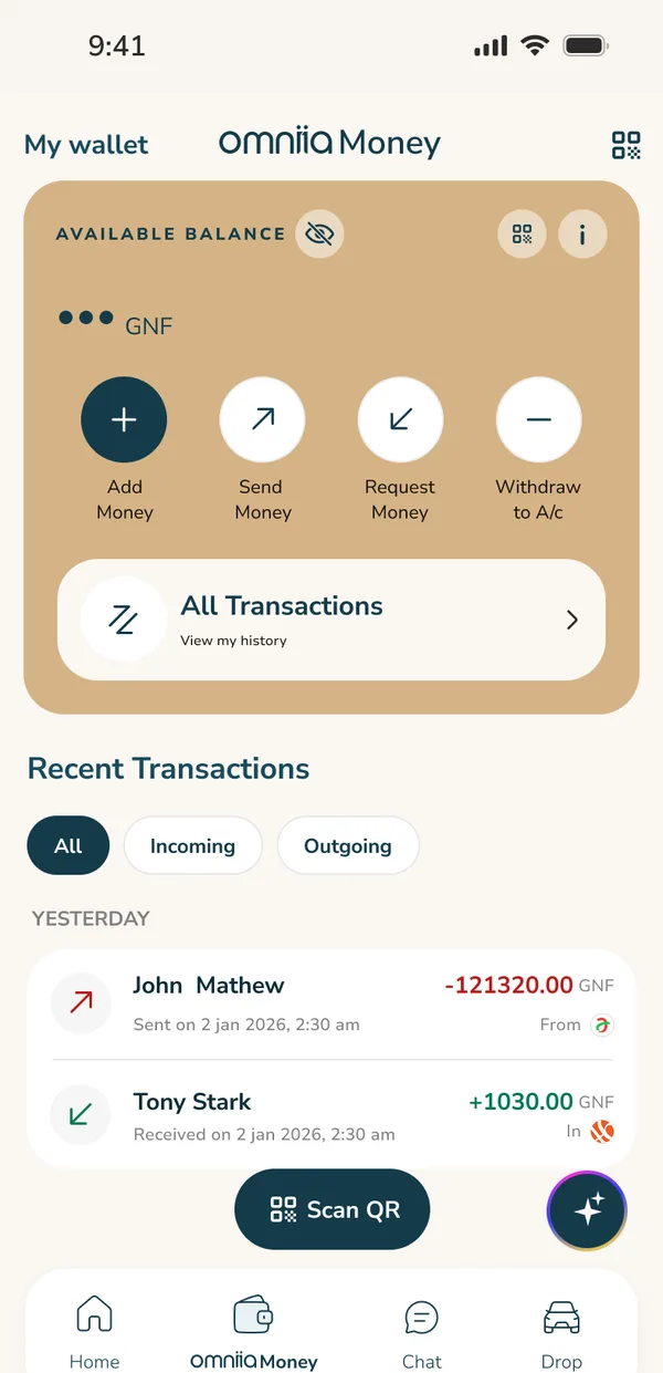 Omniia Money wallet with the balance and add, send, request and withdraw buttons